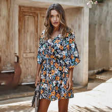Load image into Gallery viewer, 2020 Women Flower Printing Mini Dress V-neck Half Sleeve Beach Wear Bohemian Dresses High Waist - ngoclht15