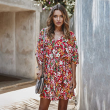 Load image into Gallery viewer, 2020 Women Flower Printing Mini Dress V-neck Half Sleeve Beach Wear Bohemian Dresses High Waist - ngoclht15
