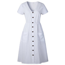 Load image into Gallery viewer, Cotton Linen Women Summer Dress 2020 Casual V-neck Button Pocket Short Sleeve A-line Midi Dresses For Women Vestidos - ngoclht15