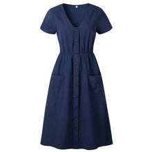 Load image into Gallery viewer, Cotton Linen Women Summer Dress 2020 Casual V-neck Button Pocket Short Sleeve A-line Midi Dresses For Women Vestidos - ngoclht15