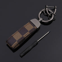 Load image into Gallery viewer, Red Blue Square Pattern Leather Keychain Luxury Old Flower Leather Circle Buckle Keychains Auto Car Waist Key Chain Keyholder