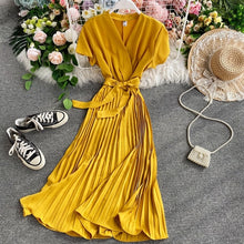 Load image into Gallery viewer, vestidos dress Office Lady 2020 Summer New V-neck Short-Sleeve Dress Slim Elegant Waist Lace-up Pleated Dress for women - ngoclht15