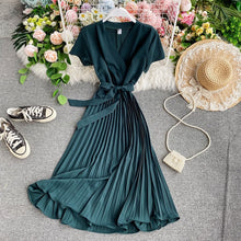 Load image into Gallery viewer, vestidos dress Office Lady 2020 Summer New V-neck Short-Sleeve Dress Slim Elegant Waist Lace-up Pleated Dress for women - ngoclht15