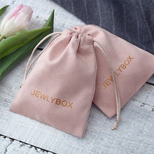 Load image into Gallery viewer, 100 Personalized Logo Print Drawstring Bags Custom Jewelry Packaging Pouches Chic Wedding Favor Bags Pink Flannel Cosmetic Bags
