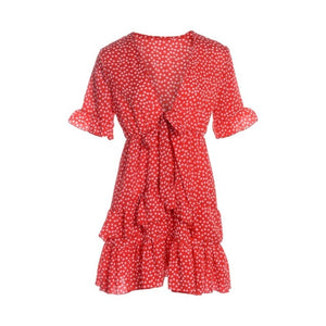 2020 Fashion Women Polka Dot Boho Ruffle Mini Dress Knot V-Neck Party Summer Beach Holiday Dresses Women Vestidos - ngoclht15