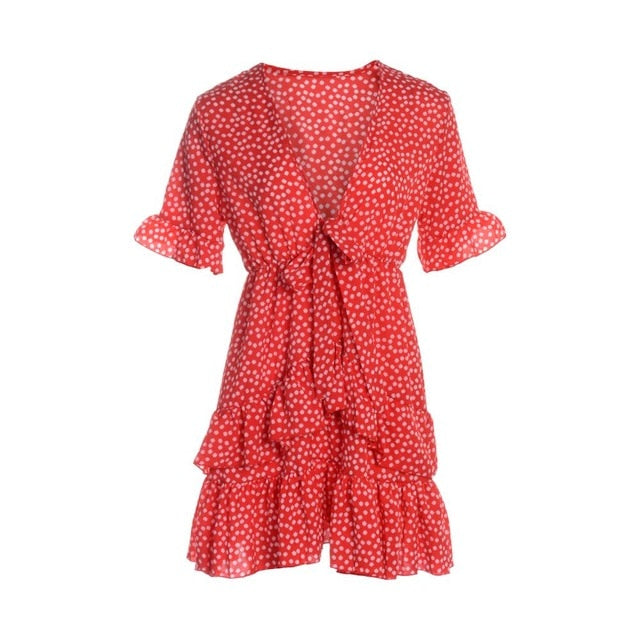 2020 Fashion Women Polka Dot Boho Ruffle Mini Dress Knot V-Neck Party Summer Beach Holiday Dresses Women Vestidos - ngoclht15