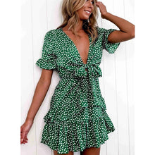 Load image into Gallery viewer, 2020 Fashion Women Polka Dot Boho Ruffle Mini Dress Knot V-Neck Party Summer Beach Holiday Dresses Women Vestidos - ngoclht15
