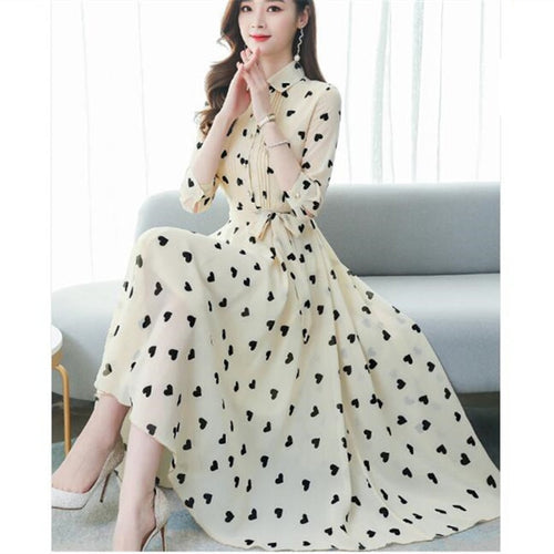 2020 Korean summer new stand-up collar seven-point sleeves temperament chiffon floral big swing dress women - ngoclht15