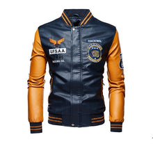 Load image into Gallery viewer, 2020 Leather Jacket Men Bomber Baseball Jacket Biker Pu Coat Faux Pilot Fleece College Top Leather Black Slim Fit Motorcycle
