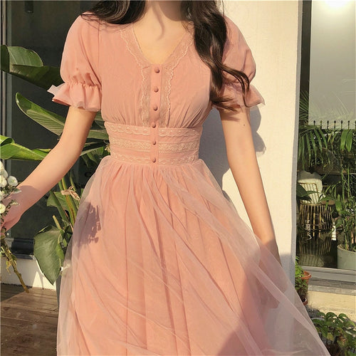 2020 Summer Mesh Dress Women Puff Sleeve V-neck A-line Slim Korean Style Mesh Retro DressElegant Vintage Vestidos Female News - ngoclht15