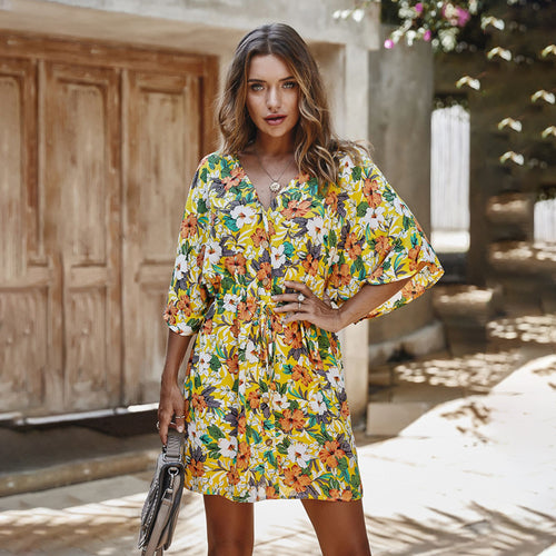 2020 Women Flower Printing Mini Dress V-neck Half Sleeve Beach Wear Bohemian Dresses High Waist - ngoclht15