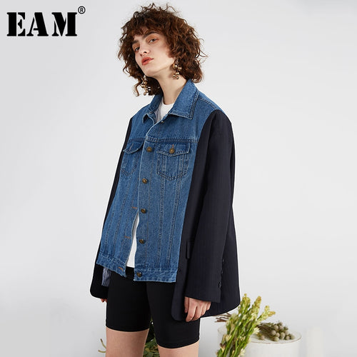 [EAM] Loose Fit Black Striped Denim Split Joint Big Size Jacket New Lapel Long Sleeve Women Coat Fashion Tide Spring 2020 1R556 - ngoclht15