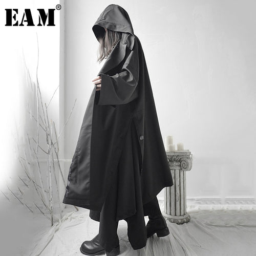 [EAM] Loose Fit Black Vent Split Joint Big Size Long Jacket New Hooded Long Sleeve Women Coat Fashion Tide Spring 2020 1S662 - ngoclht15