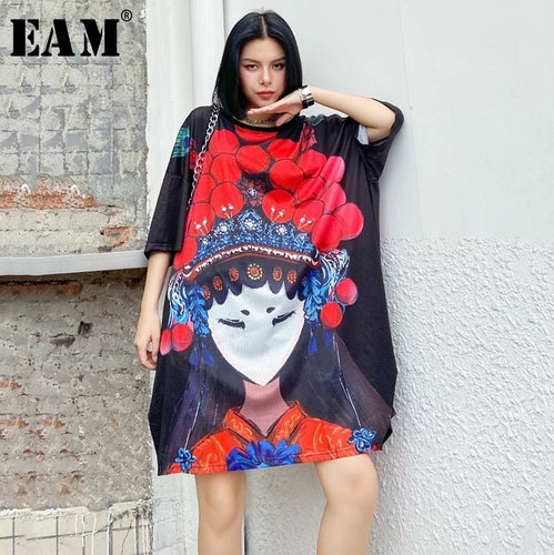 [EAM] Women Pattern Printed Big Size Dress New Round Neck Three-quarter Sleeve Loose Fit Fashion Tide Spring Summer 2020 1U723 - ngoclht15