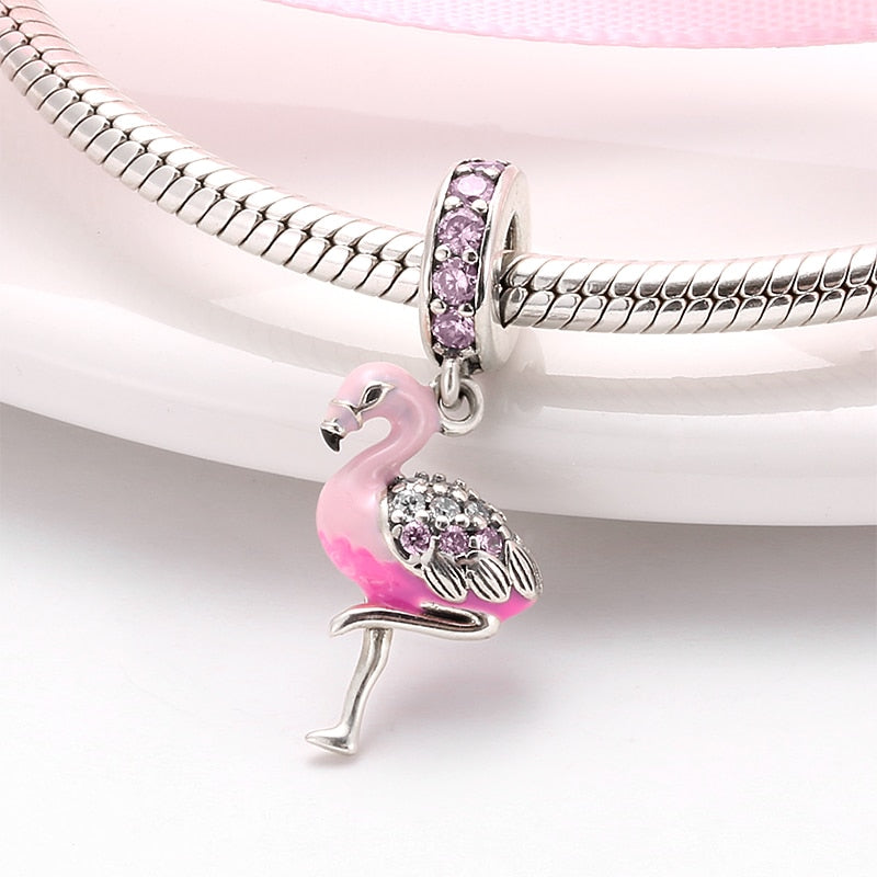 Hot 925 Sterling Silver Pink Sparkling CZ Flamingo Charms For jewelry making Pendants Fit Original Charm Pandora Bracelets