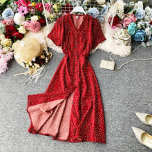 Load image into Gallery viewer, Korean Red elegant sexy Dress women 2020 summer beach V-neck polka dot midi dress waist split dress vestidos de fiesta  clothes - ngoclht15
