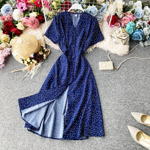 Korean Red elegant sexy Dress women 2020 summer beach V-neck polka dot midi dress waist split dress vestidos de fiesta  clothes - ngoclht15