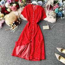 Load image into Gallery viewer, Korean Red elegant sexy Dress women 2020 summer beach V-neck polka dot midi dress waist split dress vestidos de fiesta  clothes - ngoclht15
