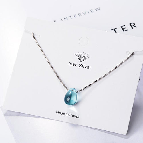 Literary Blue Crystal Water Drop Pendant Necklaces For Women Short Clavicle Chain Choker 925 Sterling Silver Jewelry Girl SAN39 - ngoclht15