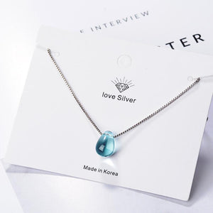 Literary Blue Crystal Water Drop Pendant Necklaces For Women Short Clavicle Chain Choker 925 Sterling Silver Jewelry Girl SAN39 - ngoclht15