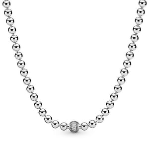 New 925 Sterling Silver Necklace Rose & Silver Beads & Pave Crystal Sliding Necklace For Women Wedding Gift Diy Europe Jewelry