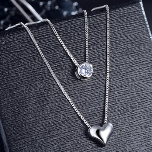 New Double Layer Chain Zircon Heart Pendants Necklaces For Women Trend Sweater Chain Choker 925 Sterling Silver Jewelry SAN57 - ngoclht15