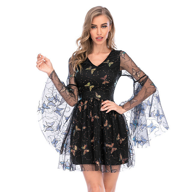 Oforest Butterfly v-neck mini dress Hollow out sleeve lace sequin women sexy dress Casual chic holiday party ladies summer dress - ngoclht15