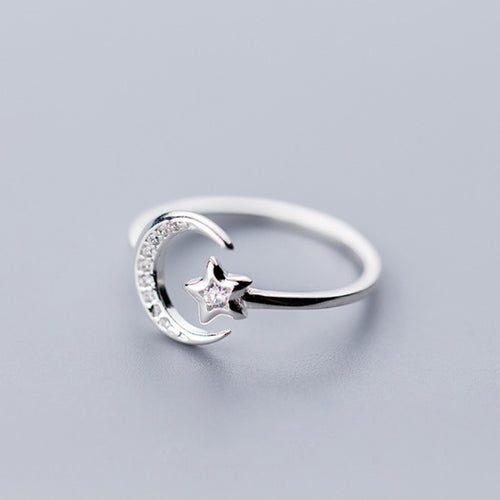 Real 925 Sterling Silver Minimalist Zircon Moon Star Opening Ring For Charming Women Party Fine Jewelry Cute 2019 Gift - ngoclht15