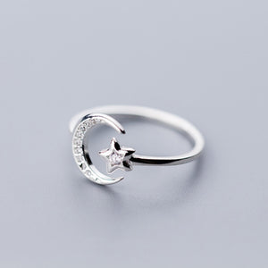 Real 925 Sterling Silver Minimalist Zircon Moon Star Opening Ring For Charming Women Party Fine Jewelry Cute 2019 Gift - ngoclht15