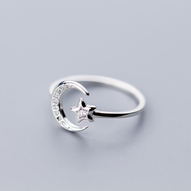 Real 925 Sterling Silver Minimalist Zircon Moon Star Opening Ring For Charming Women Party Fine Jewelry Cute 2019 Gift - ngoclht15