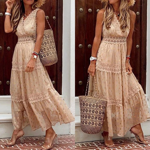 Sexy Deep V Sleeveless Chiffon dress Loose Summer Bohemia Beach Long Dresses - ngoclht15