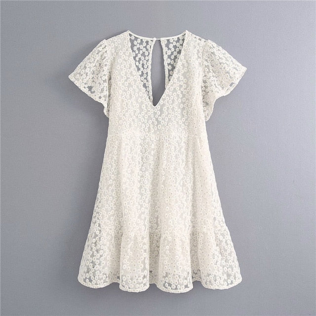 White Women Summer Beach Dress Embroidery Hollow Out Female Sexy V Neck A-Line Mini Dresses - ngoclht15