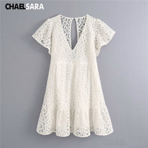 White Women Summer Beach Dress Embroidery Hollow Out Female Sexy V Neck A-Line Mini Dresses - ngoclht15