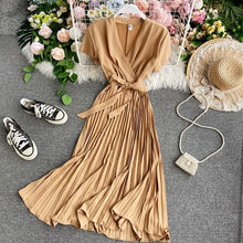 Load image into Gallery viewer, vestidos dress Office Lady 2020 Summer New V-neck Short-Sleeve Dress Slim Elegant Waist Lace-up Pleated Dress for women - ngoclht15
