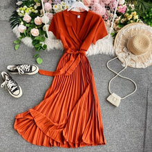 Load image into Gallery viewer, vestidos dress Office Lady 2020 Summer New V-neck Short-Sleeve Dress Slim Elegant Waist Lace-up Pleated Dress for women - ngoclht15
