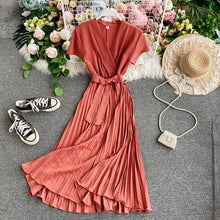 Load image into Gallery viewer, vestidos dress Office Lady 2020 Summer New V-neck Short-Sleeve Dress Slim Elegant Waist Lace-up Pleated Dress for women - ngoclht15
