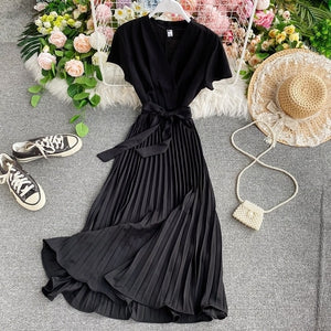 vestidos dress Office Lady 2020 Summer New V-neck Short-Sleeve Dress Slim Elegant Waist Lace-up Pleated Dress for women - ngoclht15