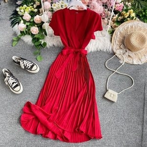 vestidos dress Office Lady 2020 Summer New V-neck Short-Sleeve Dress Slim Elegant Waist Lace-up Pleated Dress for women - ngoclht15