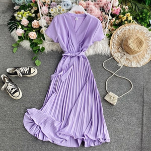 vestidos dress Office Lady 2020 Summer New V-neck Short-Sleeve Dress Slim Elegant Waist Lace-up Pleated Dress for women - ngoclht15