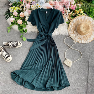 vestidos dress Office Lady 2020 Summer New V-neck Short-Sleeve Dress Slim Elegant Waist Lace-up Pleated Dress for women - ngoclht15